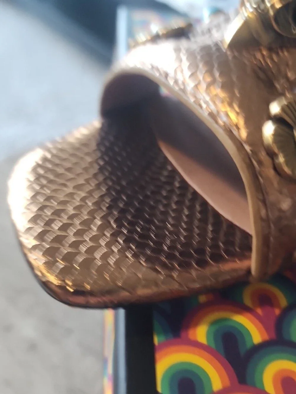 Kurt Geiger Metallic Bronze Slide with Floral Studs and Owl Accent
